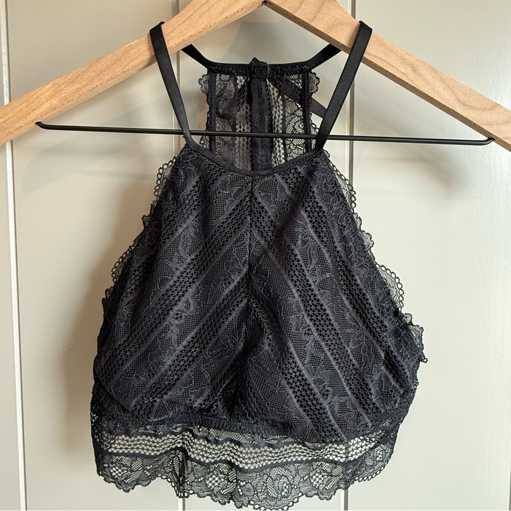 Aerie Black High Neck Lace Eyelet Racerback Bralette Small - Picture 12 of 12